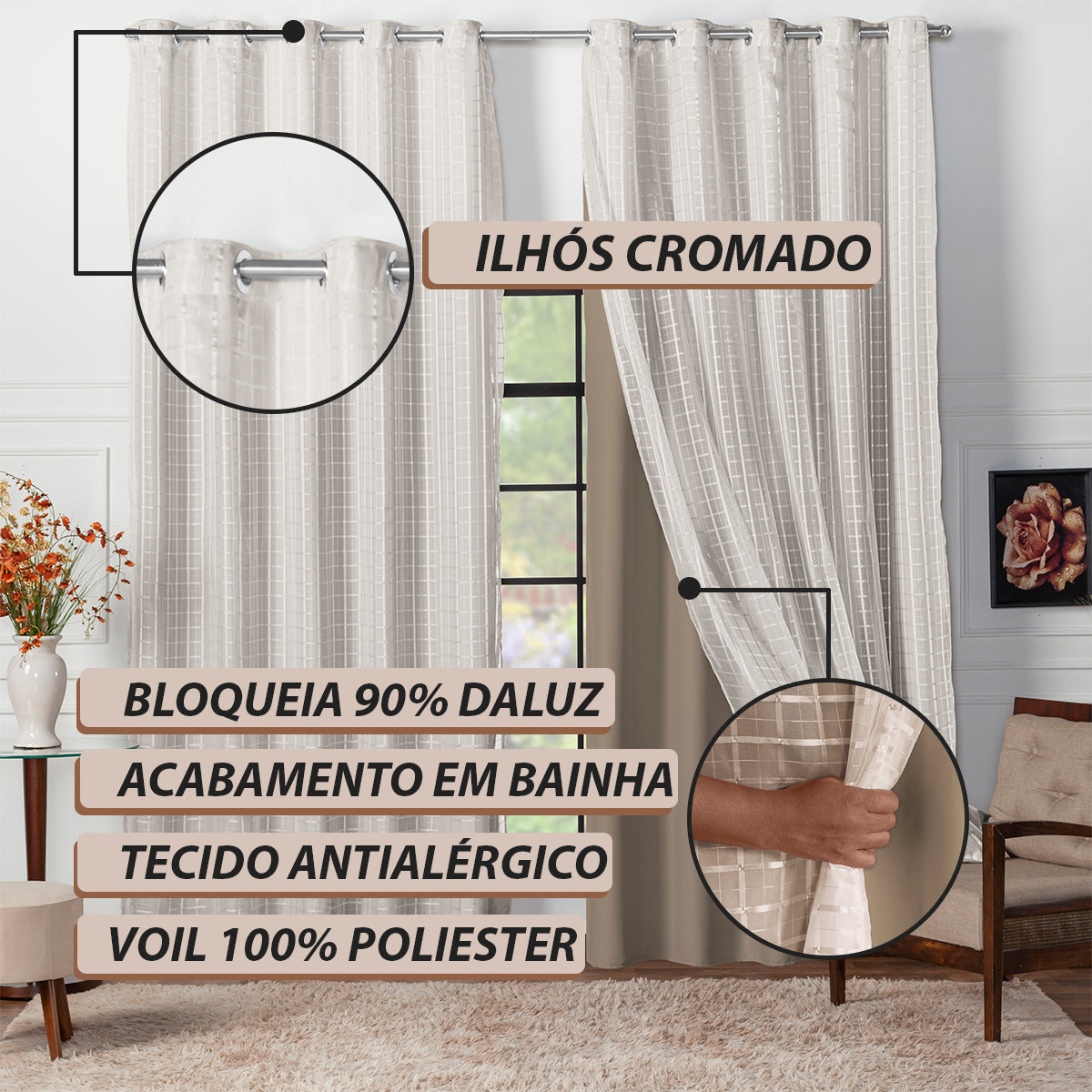 CORTINA BLACKOUT TECIDO COM VOIL XADREZ - TAMANHO GRANDE