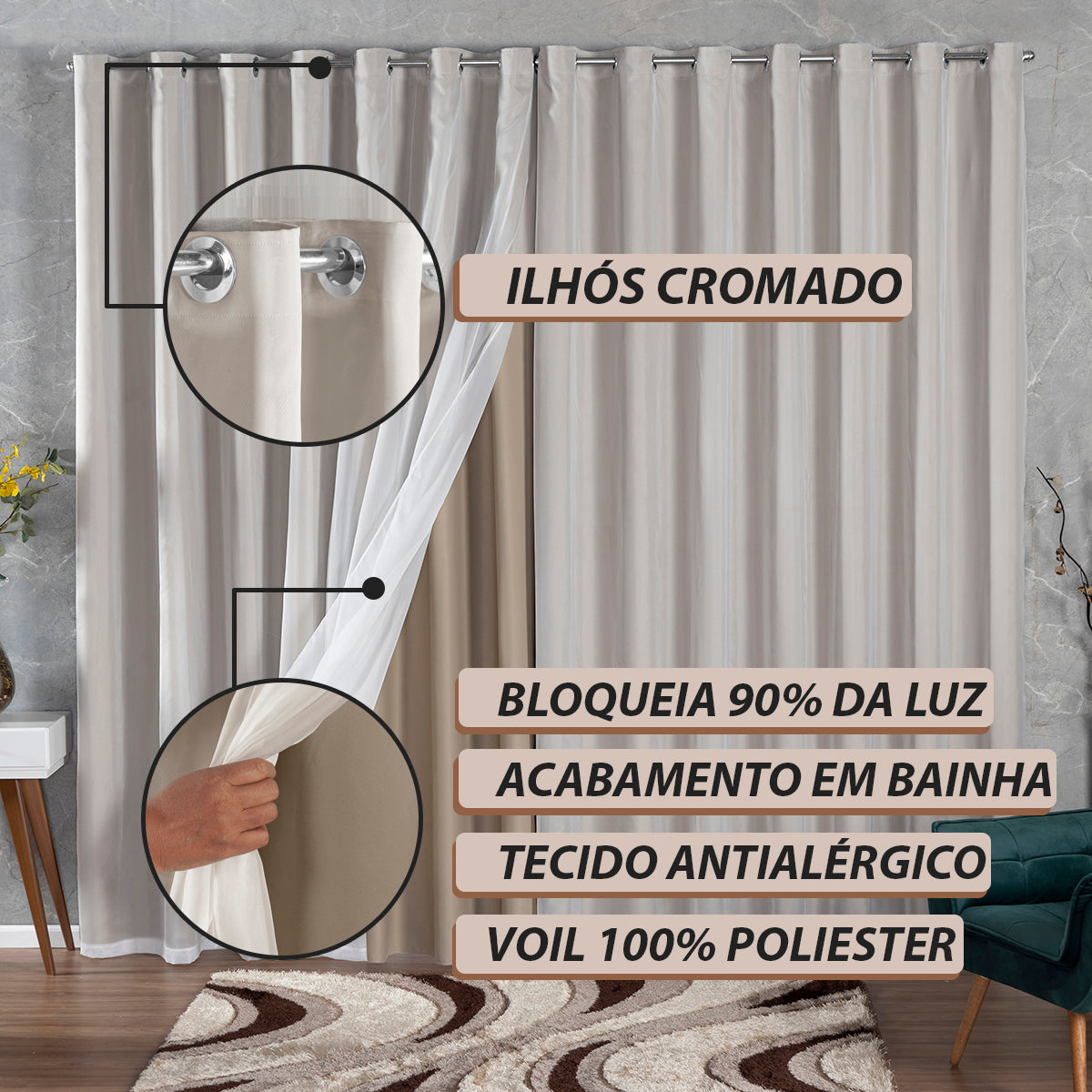 CORTINA BLACKOUT DE TECIDO COM VOIL - TAMANHO GRANDE