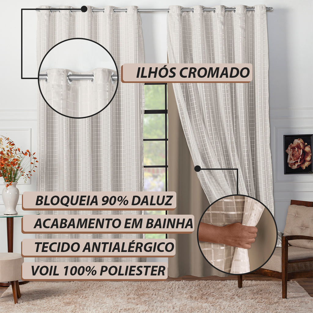 CORTINA BLACKOUT TECIDO COM VOIL XADREZ - TAMANHO GRANDE