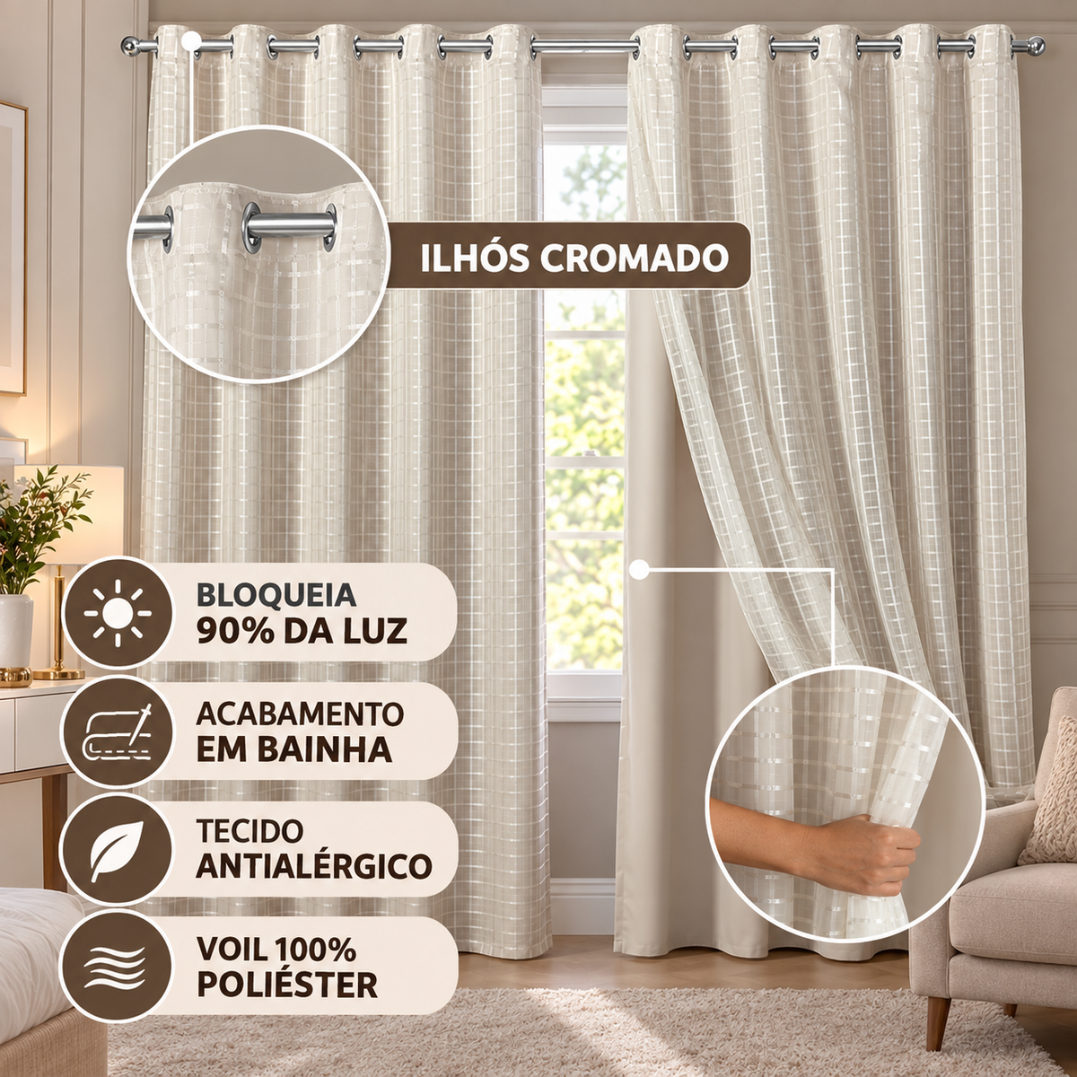 CORTINA BLACKOUT TECIDO COM VOIL XADREZ - TAMANHO GRANDE
