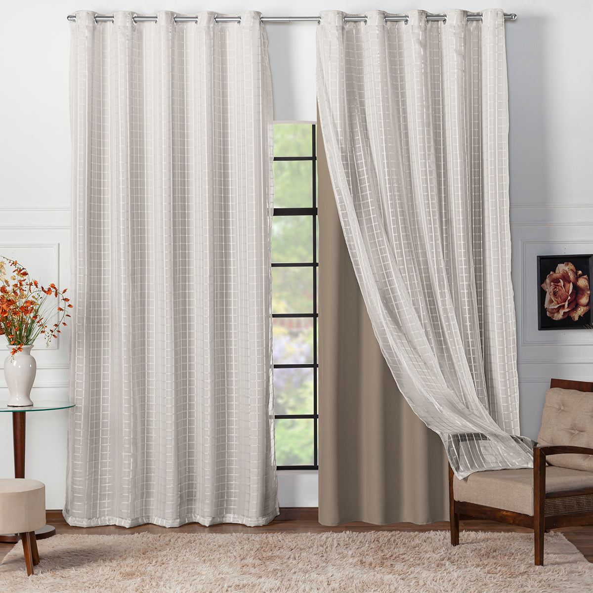 CORTINA BLACKOUT TECIDO COM VOIL XADREZ - TAMANHO GRANDE